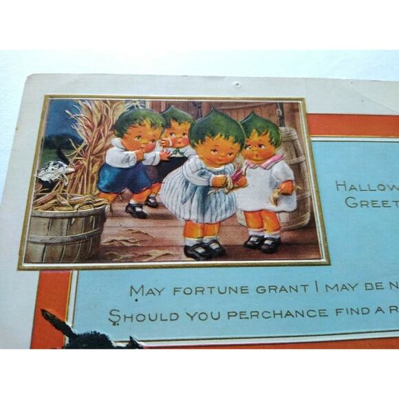 Halloween Postcard Whitney Pixies Green Hair Fantasy Children Black Cats Border - Picture 3 of 8
